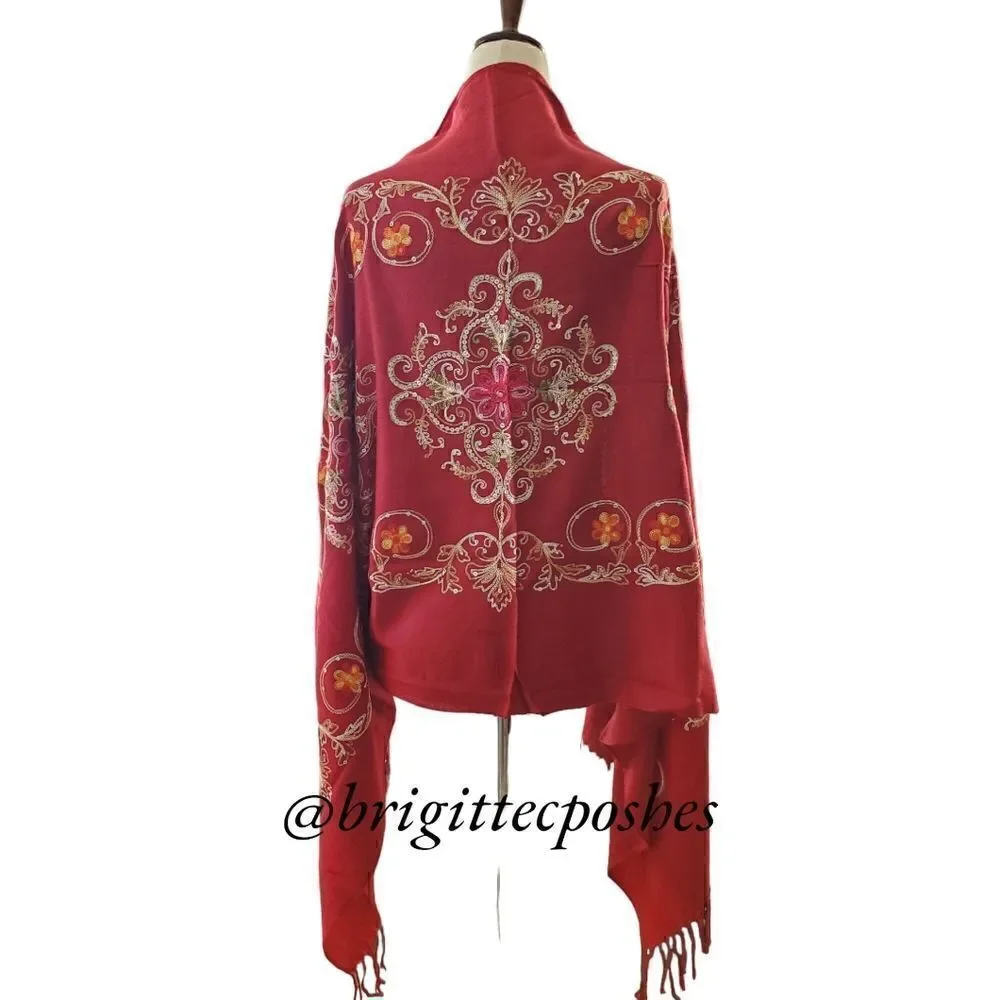 HANDMADE Embroidered Sequined Designed Deep Burgundy Shawl